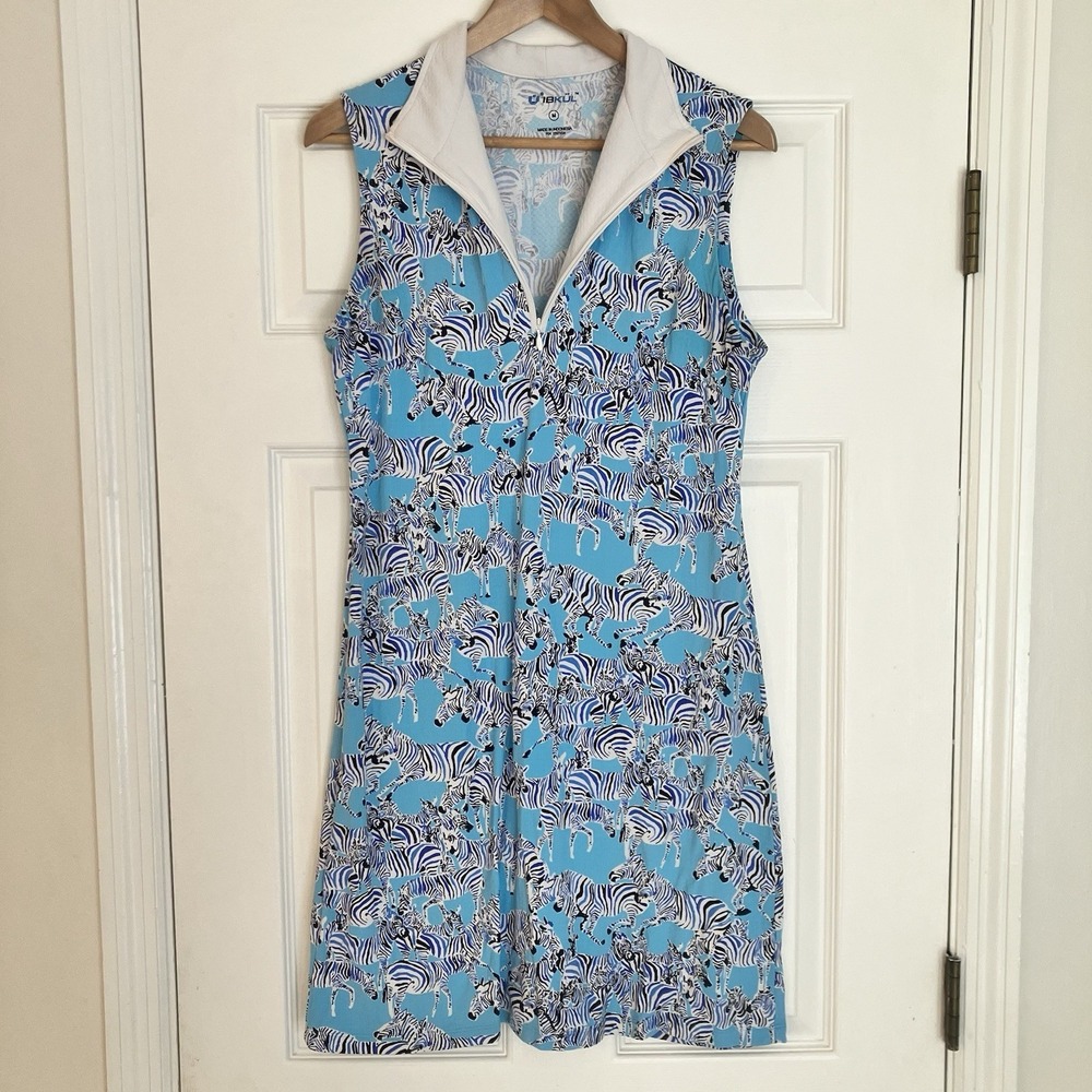 IBKUL‎ Quarter Zip Sleeveless Performance Dress Zebra Blue Womens Medium Light